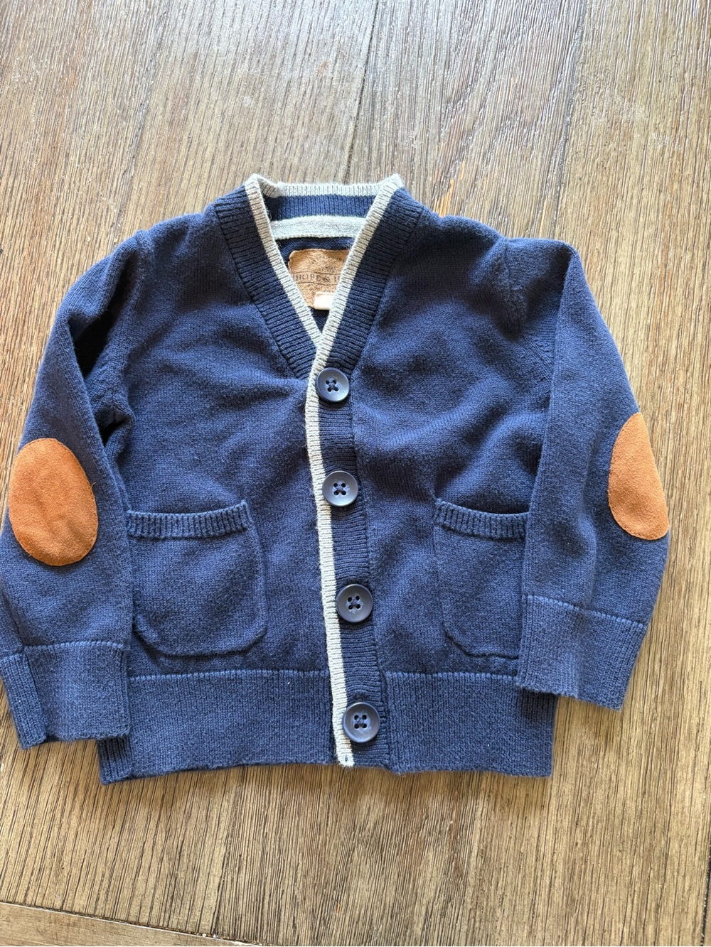 Hope & Henry Navy Baby Cardigan with Tan Elbow Patches